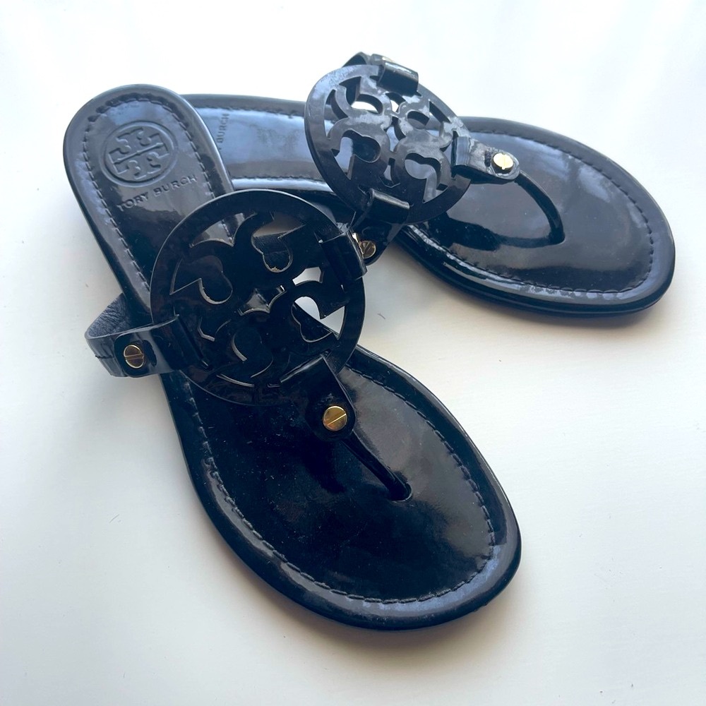 Tory Burch Miller Patent Black Sandals size 7 in great condition.